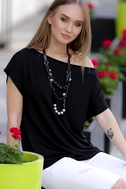 Μαύρη βαμβακερή μπλούζα με ασημί παγιέτα μπροστά