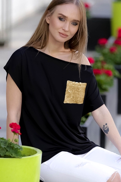 Μαύρη βαμβακερή μπλούζα με ασημί παγιέτα μπροστά
